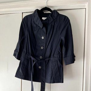 LOFT Navy Jacket with Ruffle Collar, Belted Waist - Size 10